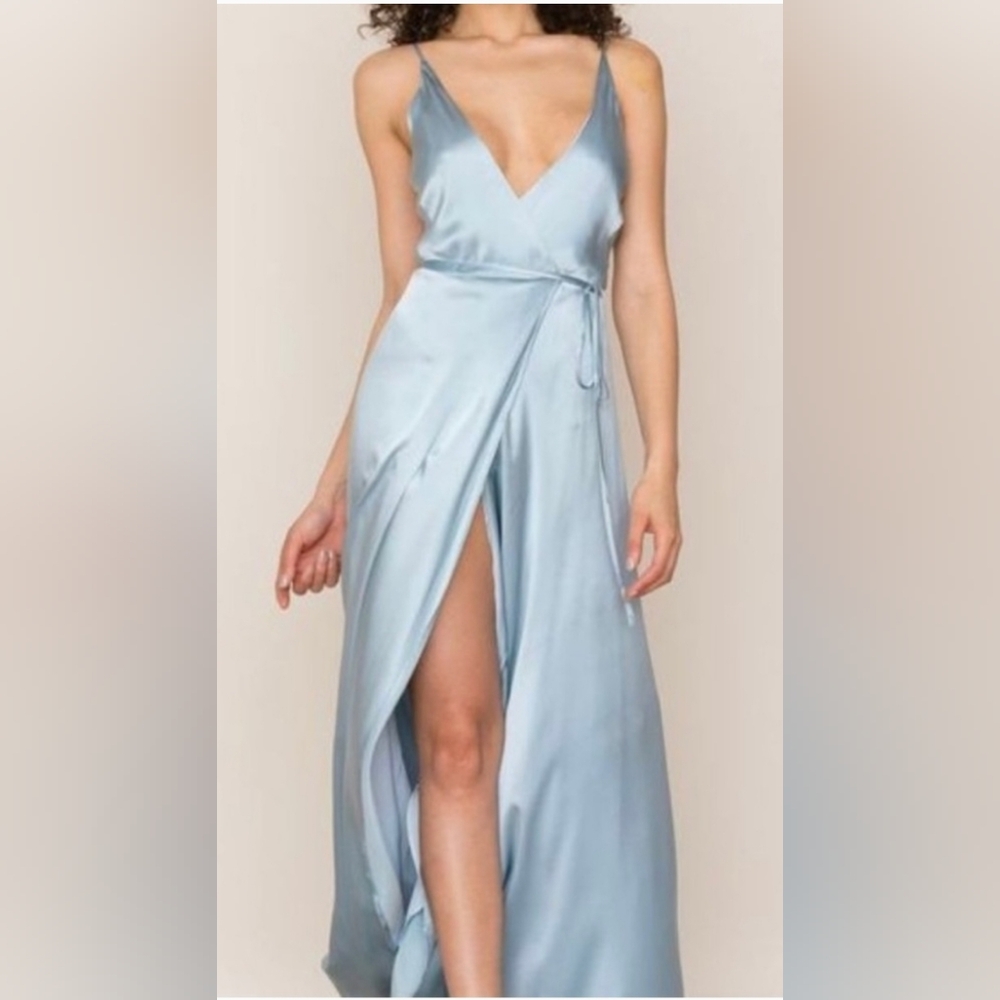 Wayf Teagan Satin Wrap Maxi Dress Ice Blue View 2